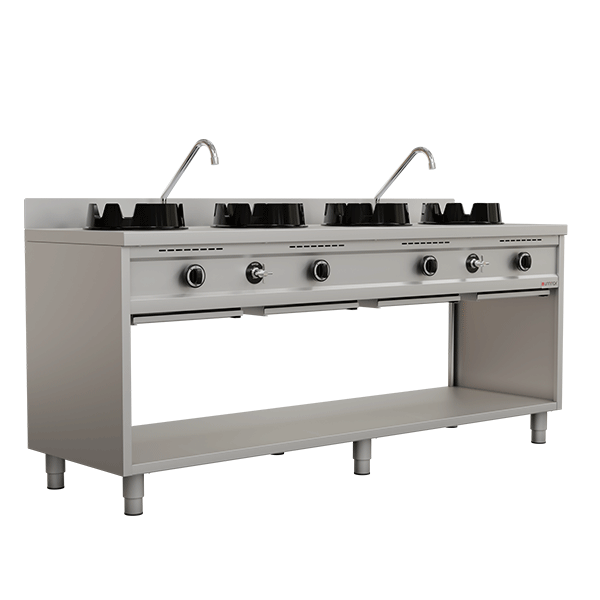 Professionele gaswok van roestvrij staal met 4 branders – 4 × 15 kW