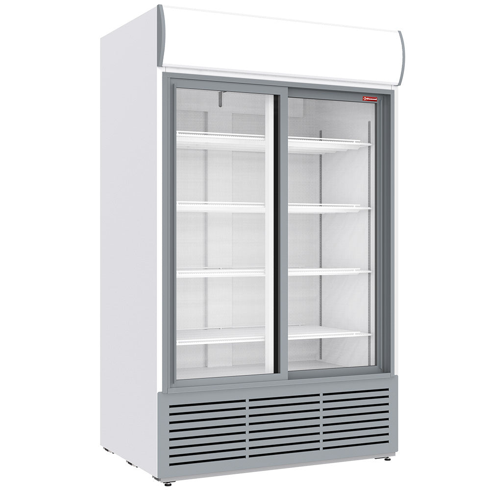 Vitrine ventilée positive 1230 litres, caisson lumineux, 2 portes coulissantes - BLANCHE