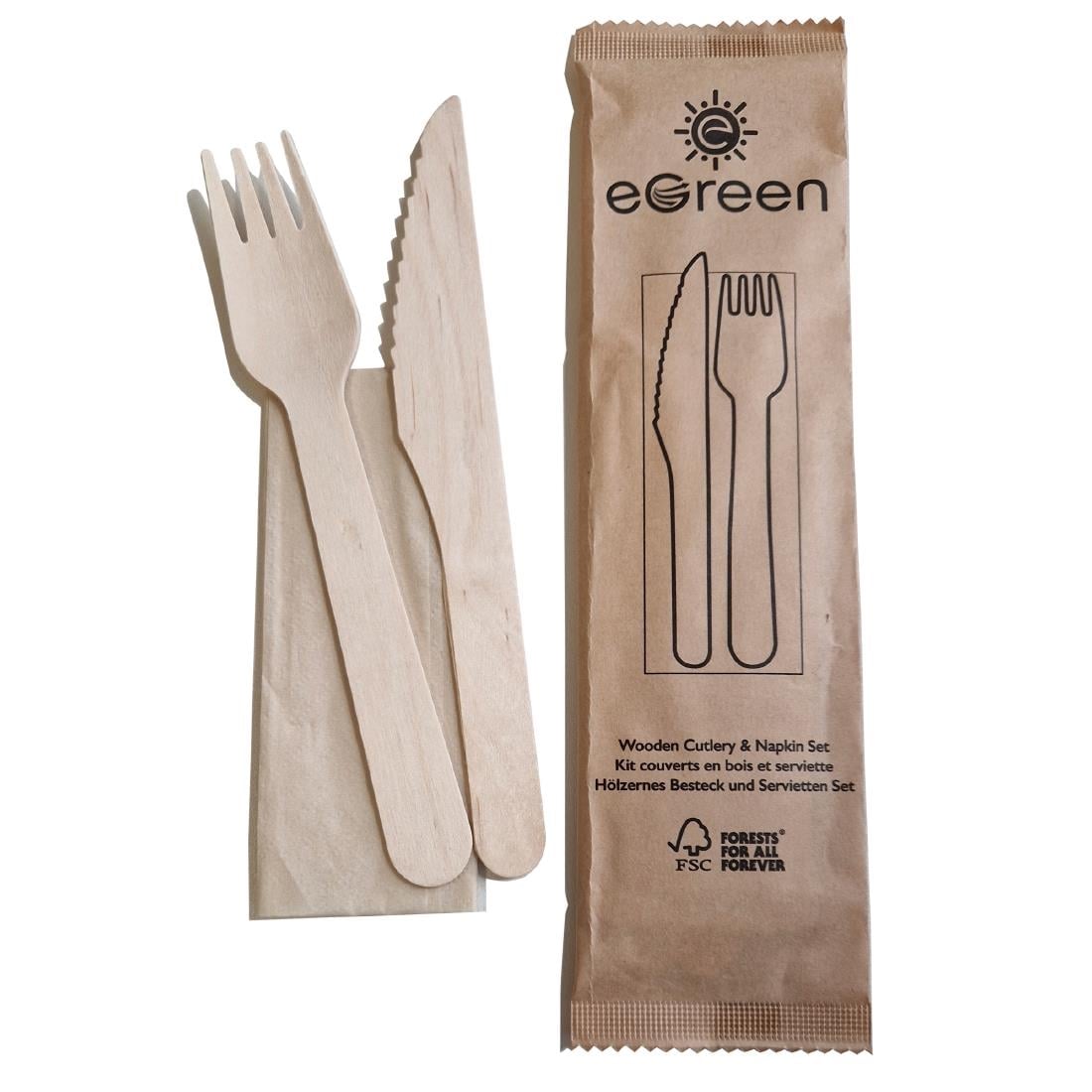 Ensembles de couverts en bois 3-en-1 emballages individuels kraft eGreen (lot de 250) — FS167