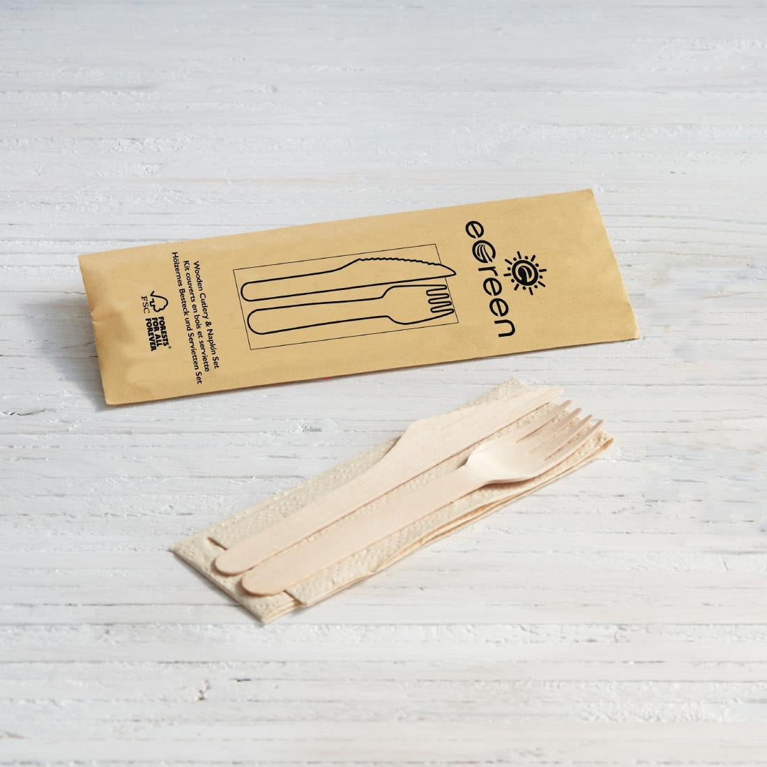 Ensembles de couverts en bois 3-en-1 emballages individuels kraft eGreen (lot de 250) — FS167