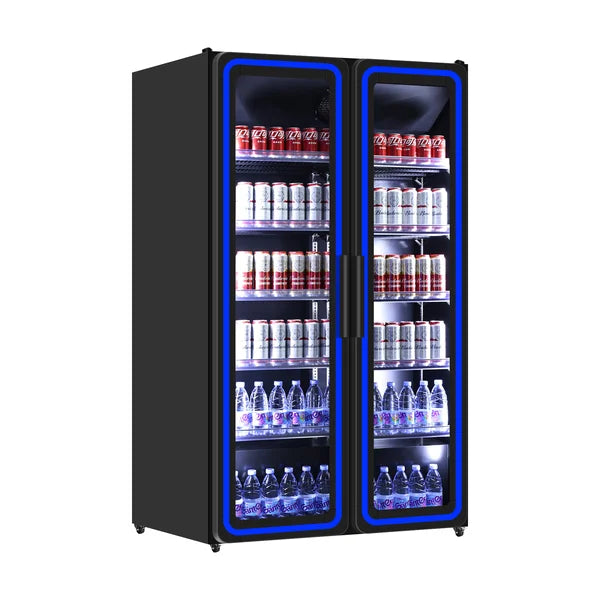 Professionele Koelvitrine 2 Glazen Deuren met Blauwe LED-Verlichting - 900L
