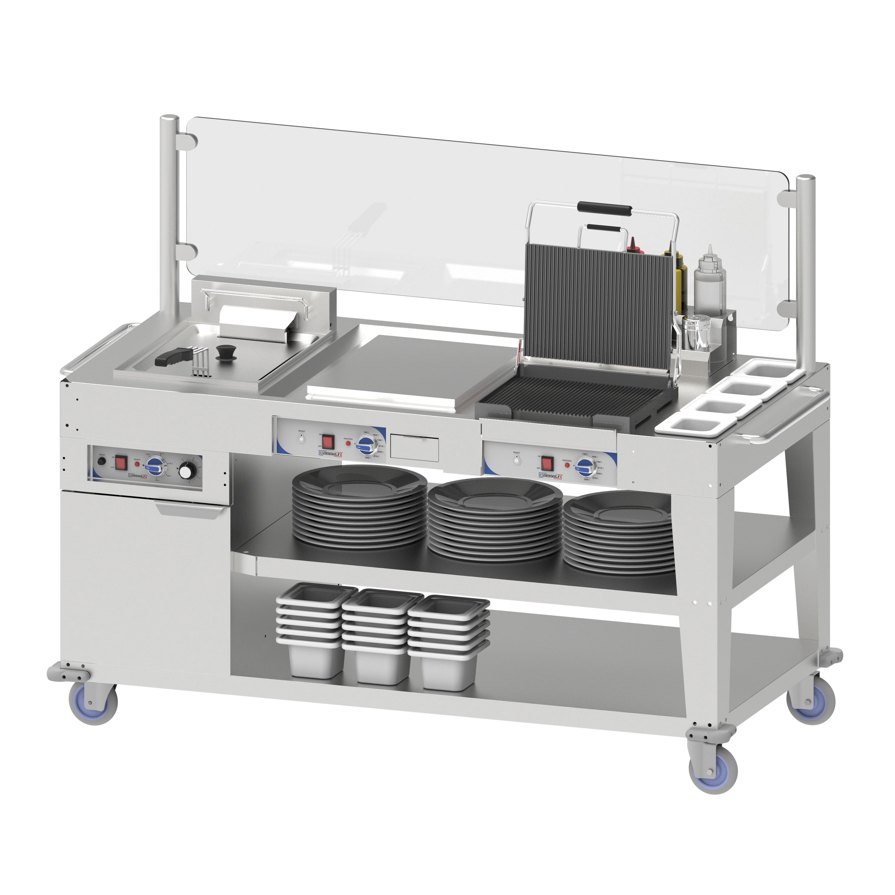 Professionele multi-snackwagen van roestvrij staal – inclusief frituurpan, snackbord en panini-grill