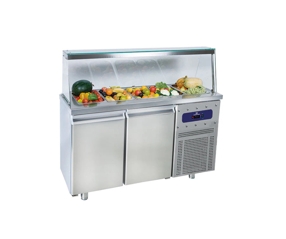 Saladette avec 2 portes GN 1/1 et structure en verre, 4x GN 1/1 h=150 mm, -2°/+8°C