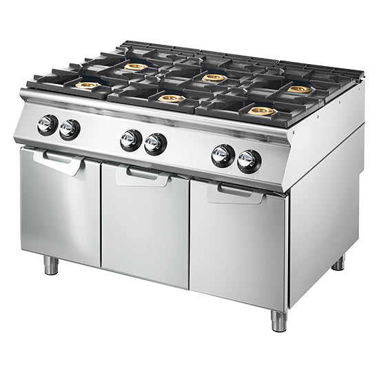 Cuisinière à gaz à 6 brûleurs sur soubassement avec portes, plateau de travail embouti – VS90120PCGSP