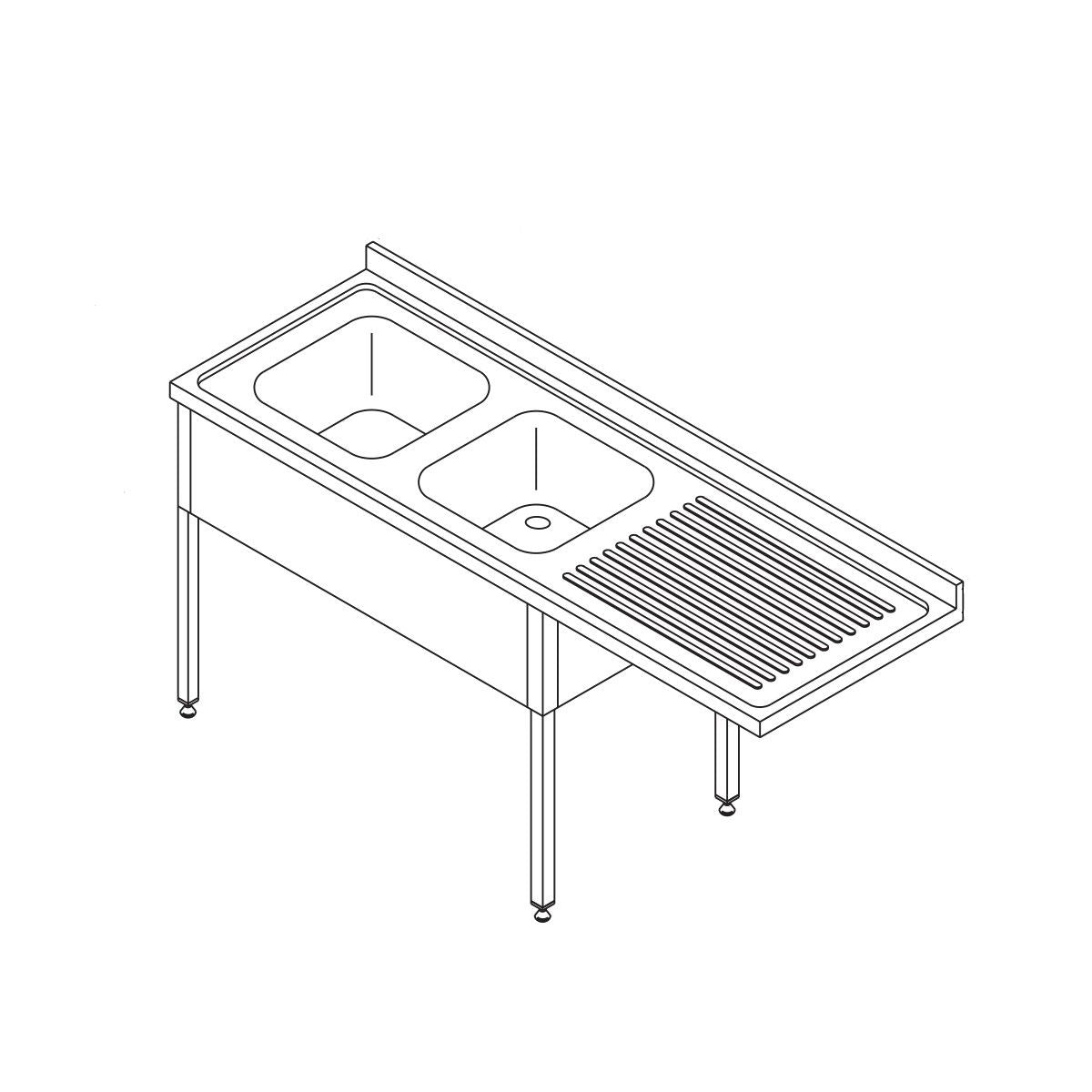 Table lave-vaisselle - 200 x 70 cm - gauche - avec 2 éviers et dosseret - incl étagère de rangement – Maxima 09394003