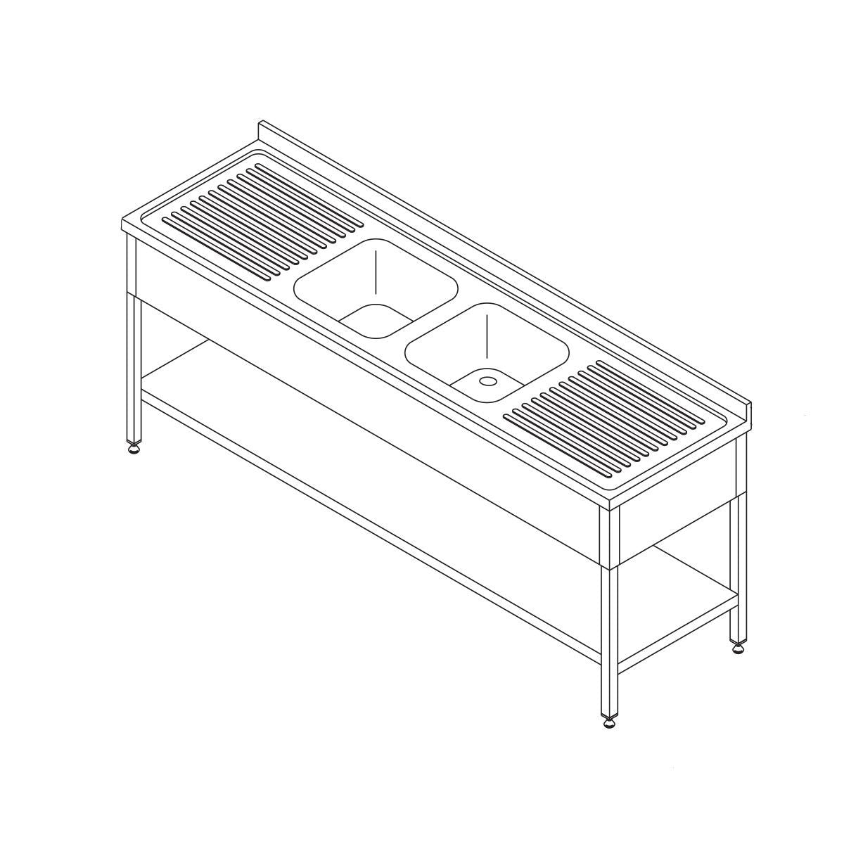 Table lave-vaisselle - 210 x 70 cm - avec 2 éviers et dosseret - incl étagère de rangement – Maxima 09394091