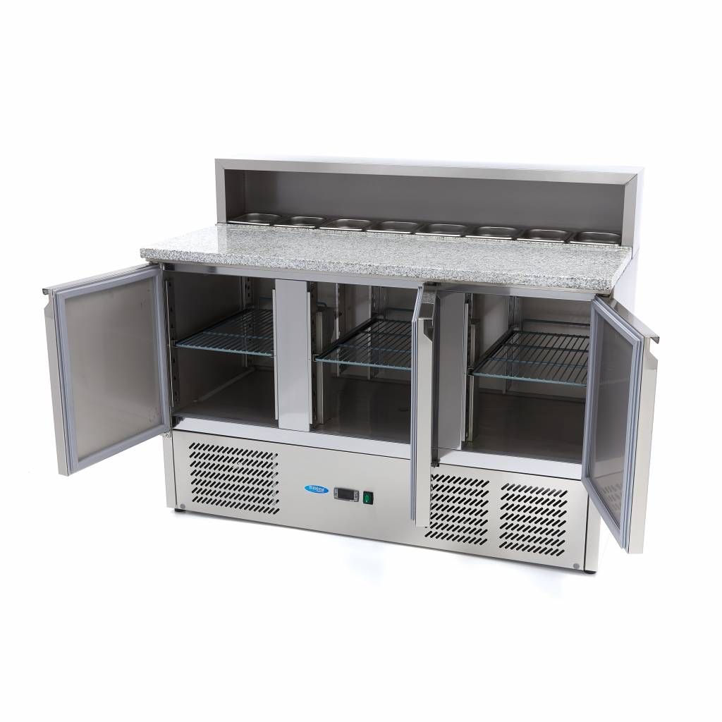 Réfrigérateur pour la préparation des pizzas - 137 cm - 3 portes - s'adapte à 8 x 1/6 GN - incl couvercle en acier inoxydable – Maxima 09400205