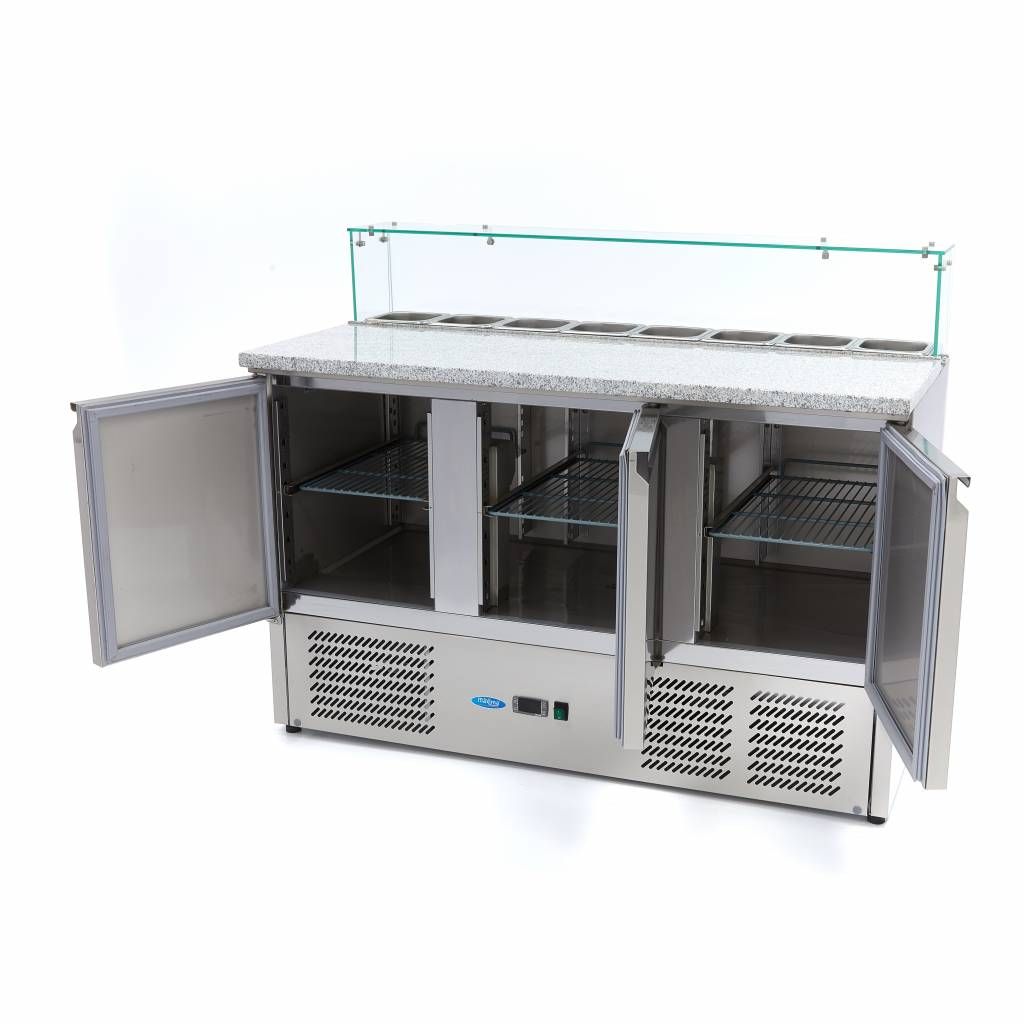 Réfrigérateur pour la préparation des pizzas - 137 cm - 3 portes - s'adapte à 8 x 1/6 GN - incl couvercle en verre – Maxima 09400208