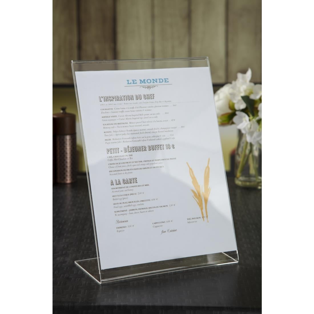 Protège-menus incliné en acrylique Olympia A4 — CC445