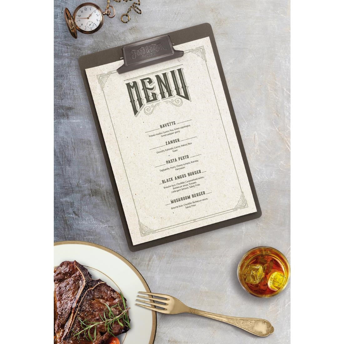 Planche porte-menu avec clip métal patiné "Food & Drink" Securit Vintage A4 — CU931