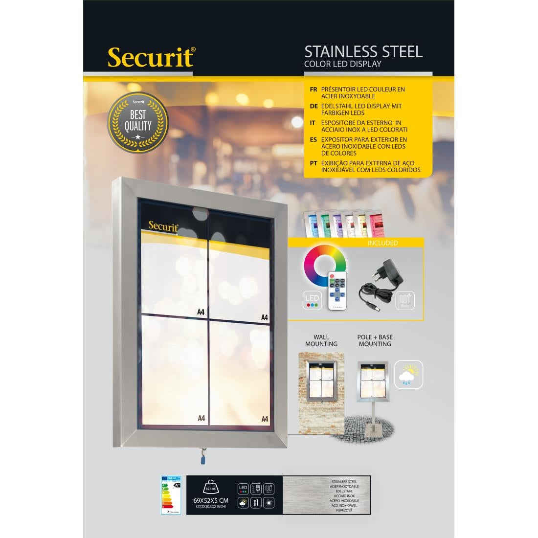 Porte-menu mural à LED couleurs en inox Securit 4xA4 — CU937