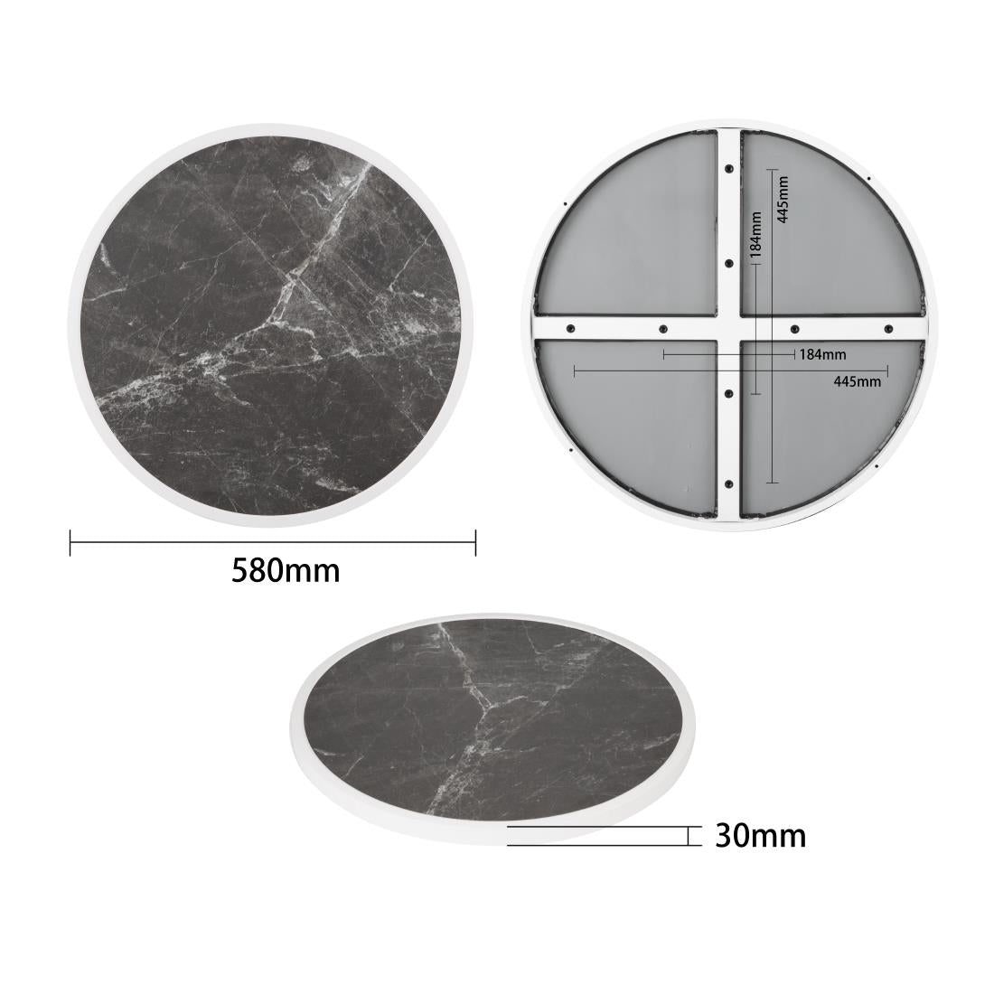 Plateau de table extérieur rond en verre trempé Bolero effet granit foncé bord blanc 580mm — DL487