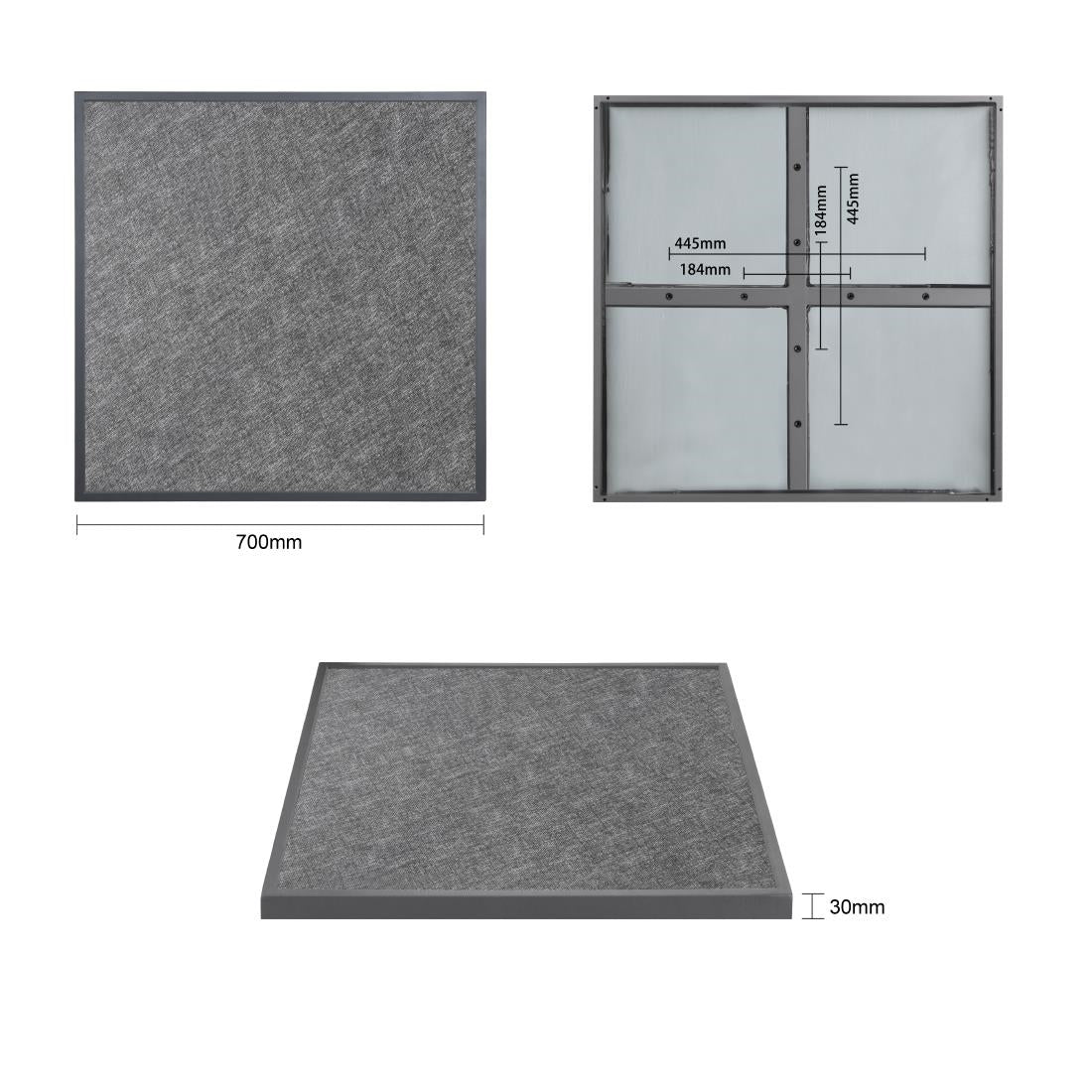 Plateau de table extérieur carré en verre trempé Bolero noir brossé bord gris 700 mm — DZ873