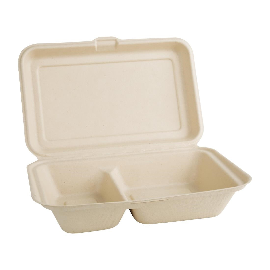 Boîtes 2 compartiments avec couvercle à charnière compostables en bagasse coloris naturel Fiesta Compostable 253mm (lot de 200) — FC541