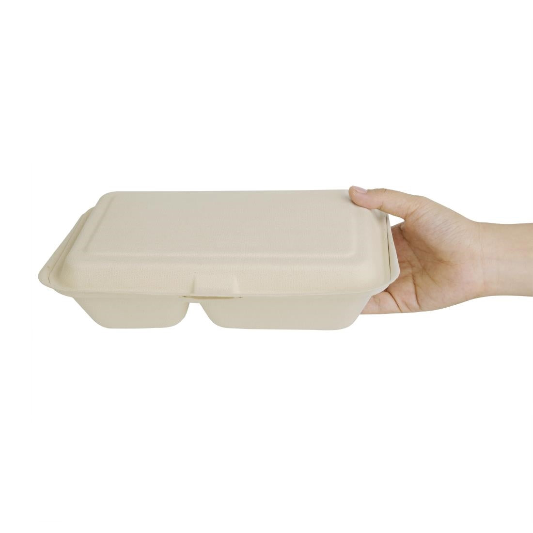 Boîtes 2 compartiments avec couvercle à charnière compostables en bagasse coloris naturel Fiesta Compostable 253mm (lot de 200) — FC541