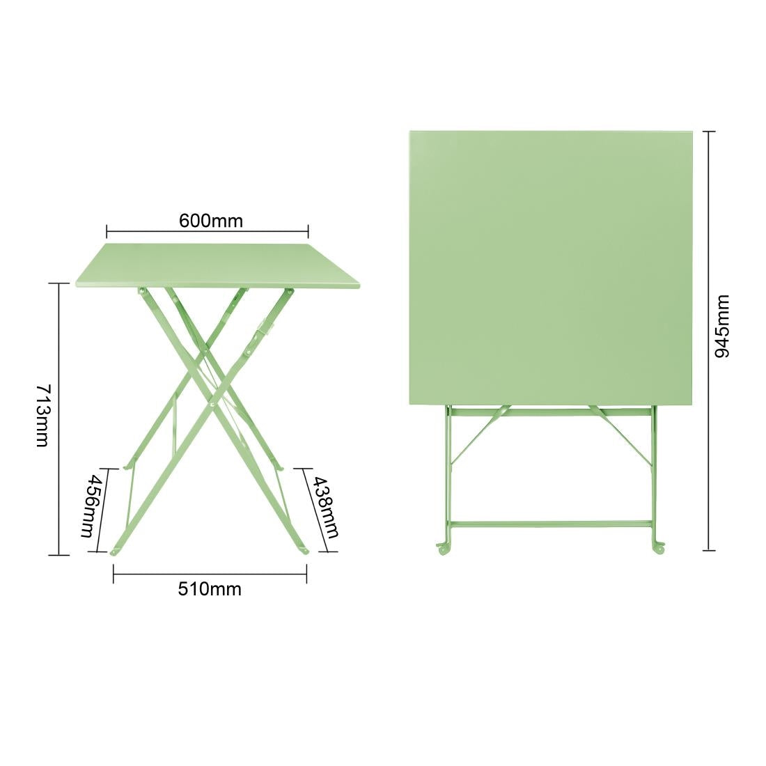 Table de terrasse carrée pliante en acier Bolero vert clair 600 mm — FT271