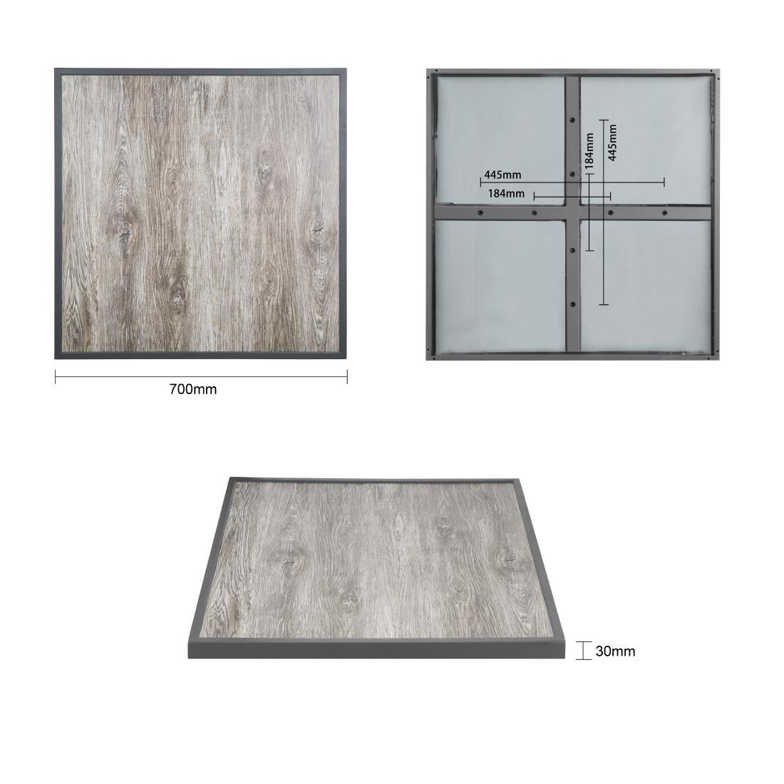 Plateau de table extérieur carré en verre trempé Bolero effet grain de bois bord gris 700 mm — FU515
