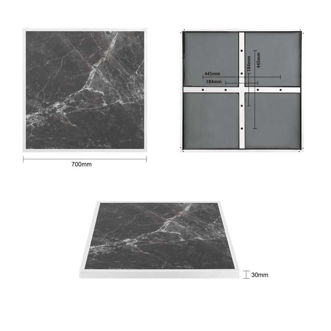 Plateau de table extérieur carré en verre trempé Bolero effet granit foncé bord blanc 700 mm — FU516