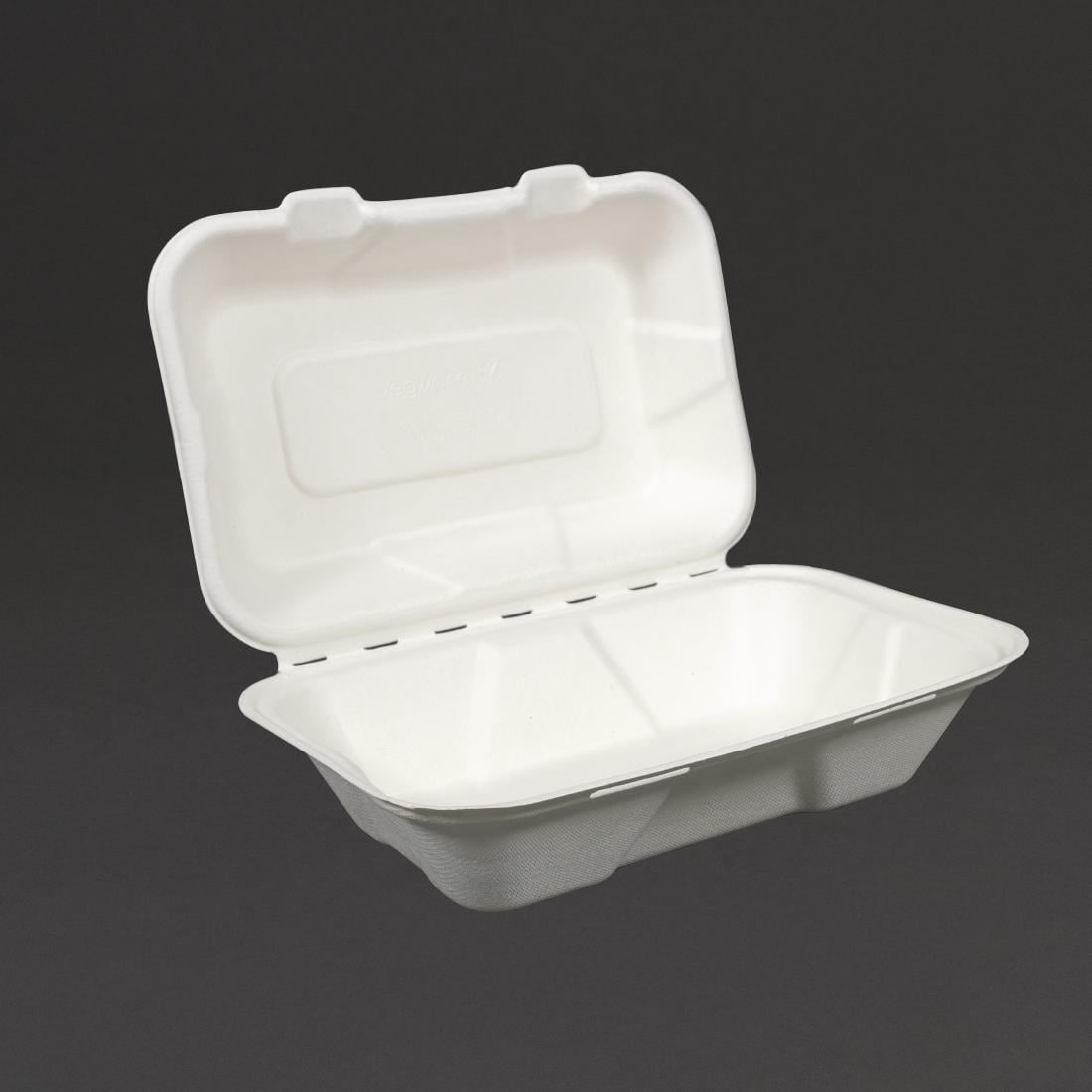 Boîtes repas en bagasse compostables avec couvercle à charnière Vegware 228mm (lot de 200) — GH026