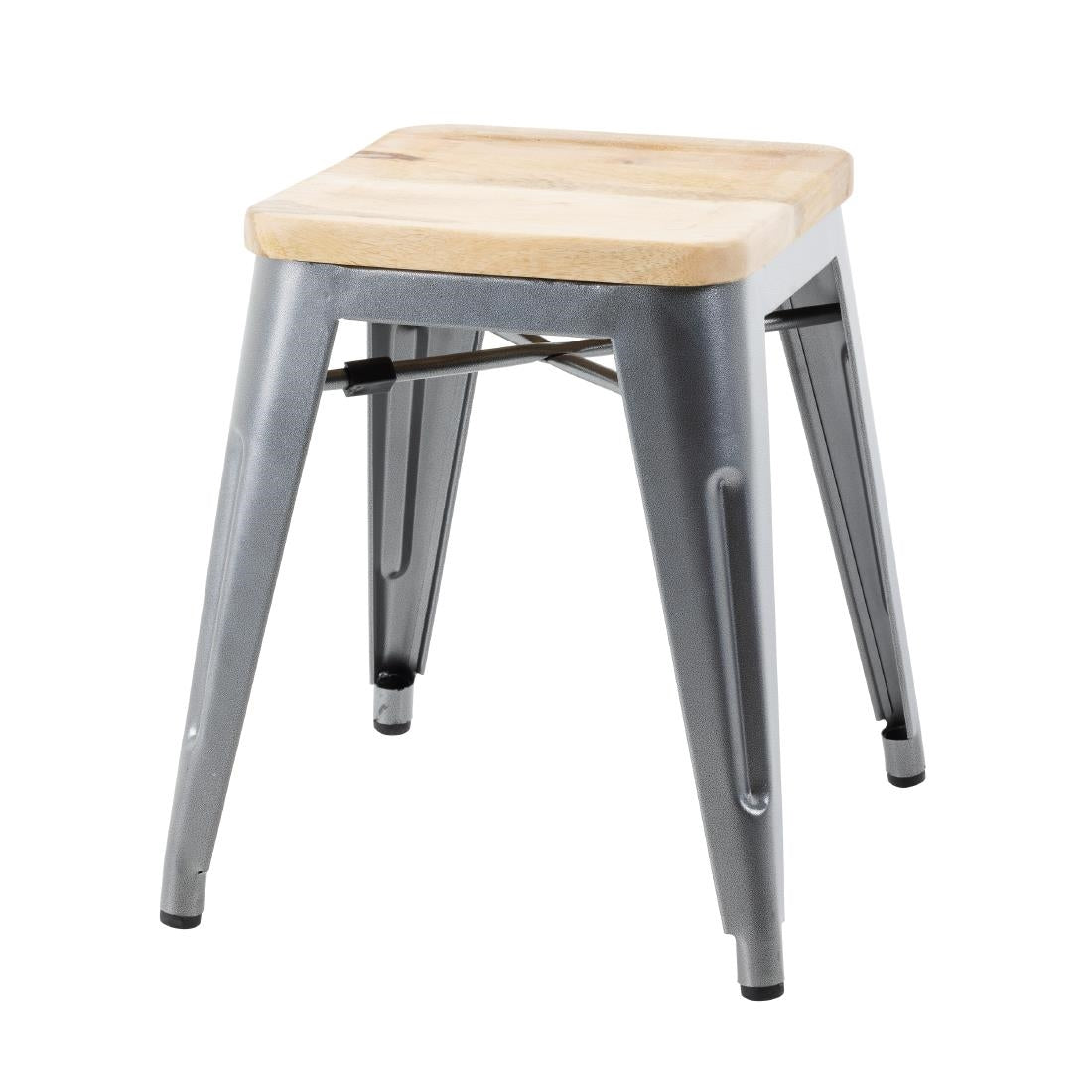 Tabouret bistro bas en acier gris métal avec assise en bois Bolero (lot de 4) — GM636