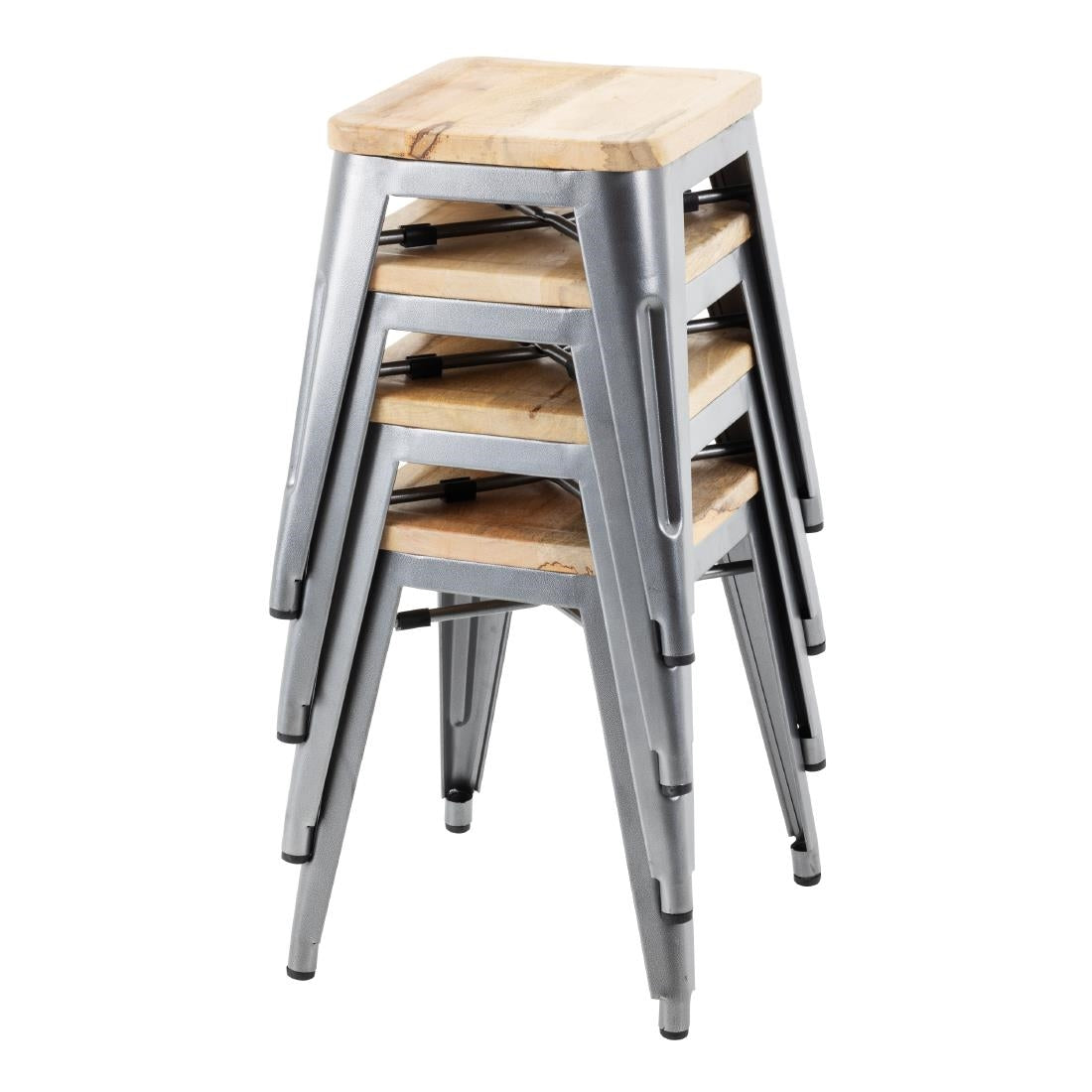 Tabouret bistro bas en acier gris métal avec assise en bois Bolero (lot de 4) — GM636