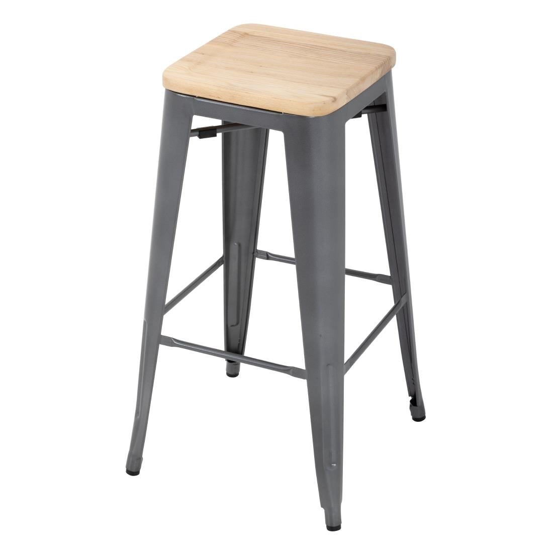 Tabouret bistro haut en acier gris avec assise en bois Bolero (lot de 4) — GM639