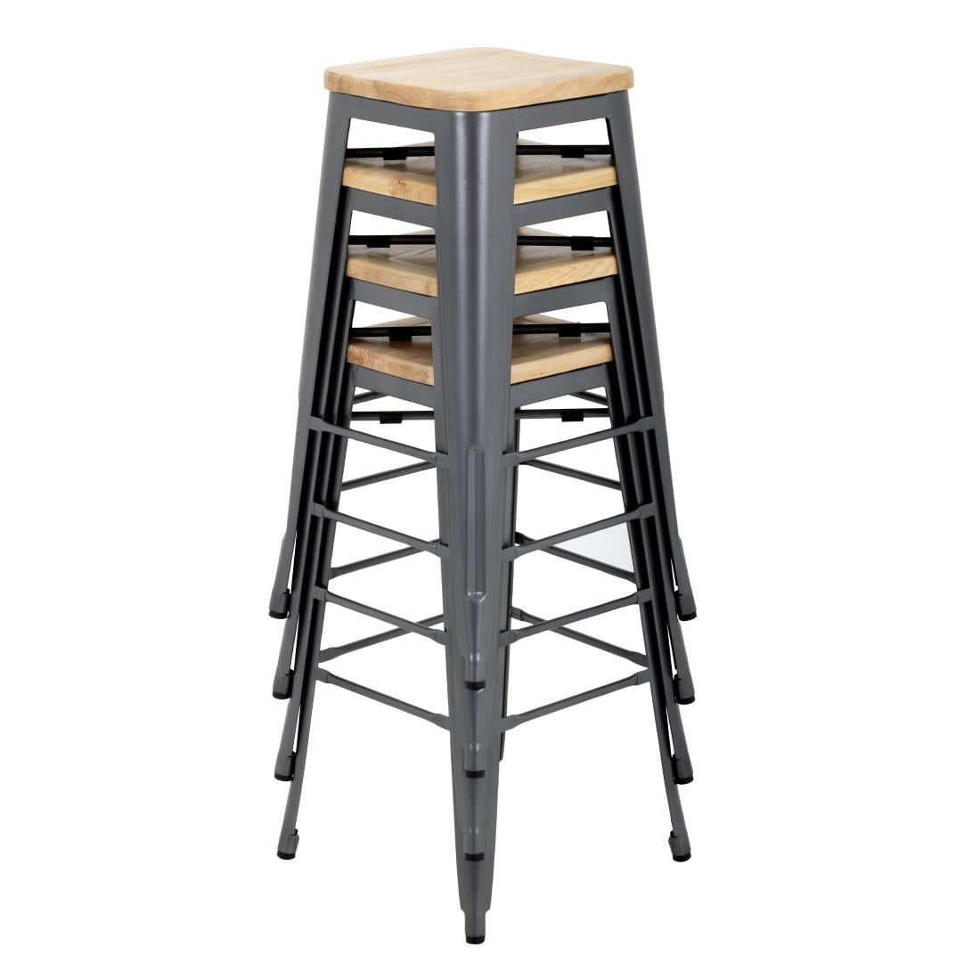 Tabouret bistro haut en acier gris avec assise en bois Bolero (lot de 4) — GM639