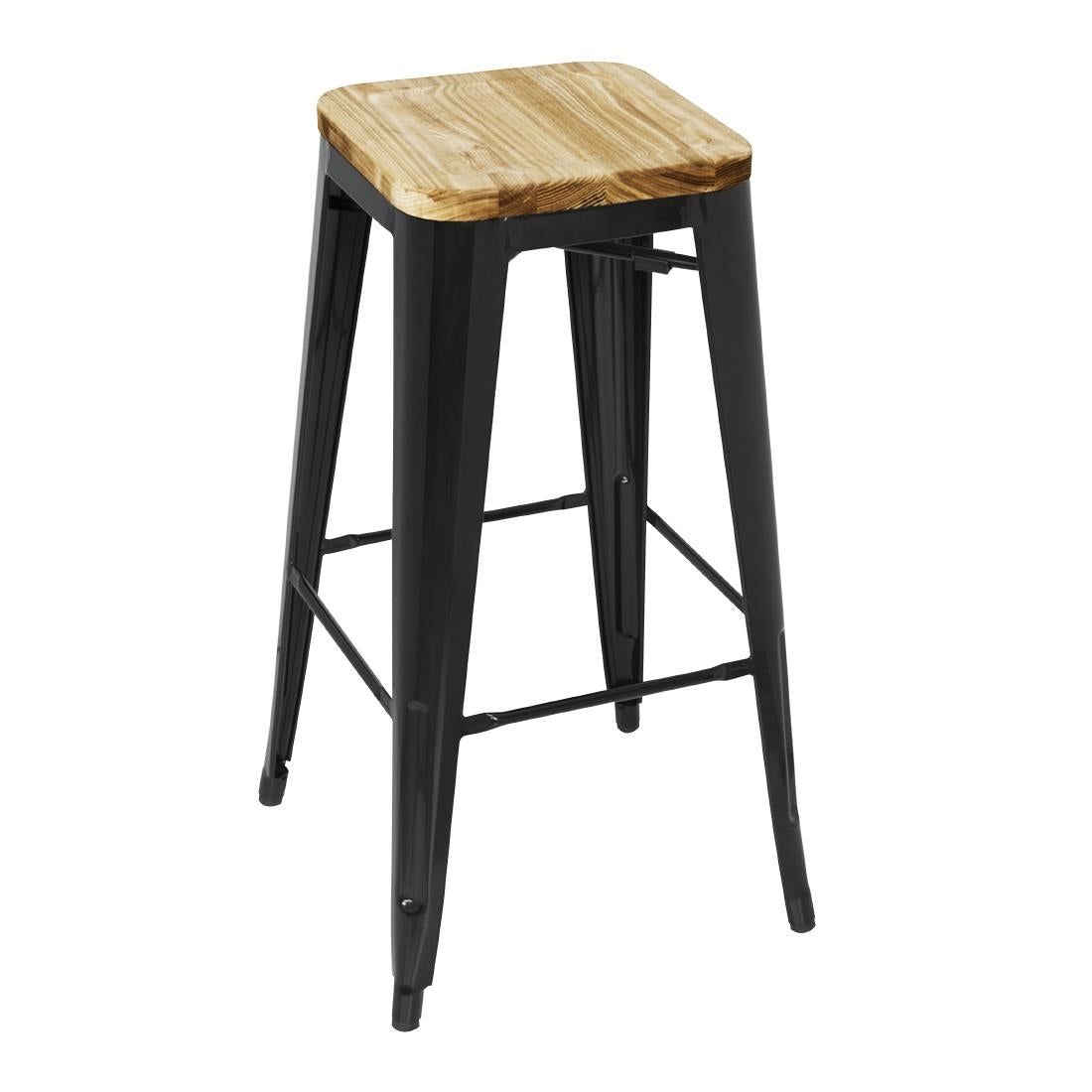 Tabouret bistro haut en acier noir avec assise en bois Bolero (lot de 4) — GM640