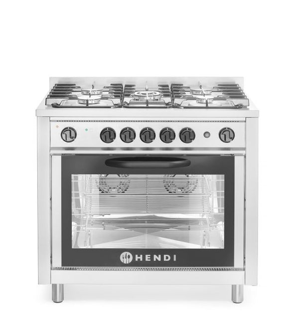 Cuisinière à gaz - 5 feux avec four électrique, HENDI, Kitchen Line, Argent, 230V/2900W, 14,3kW, 900x653x(H)900mm — 225707
