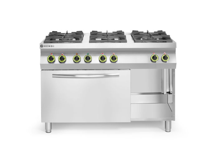 Cuisinière à gaz Kitchen Line - 6 feux avec four à convection GN 1/1, HENDI, Kitchen Line, 230V/3000W, 28,5kW, 1200x722x(H)900mm — 225899