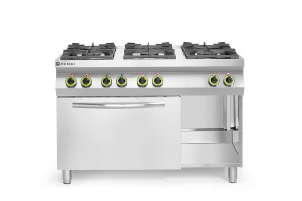 Cuisinière à gaz Kitchen Line - 6 feux avec four à convection GN 1/1, HENDI, Kitchen Line, 230V/3000W, 28,5kW, 1200x722x(H)900mm — 225899