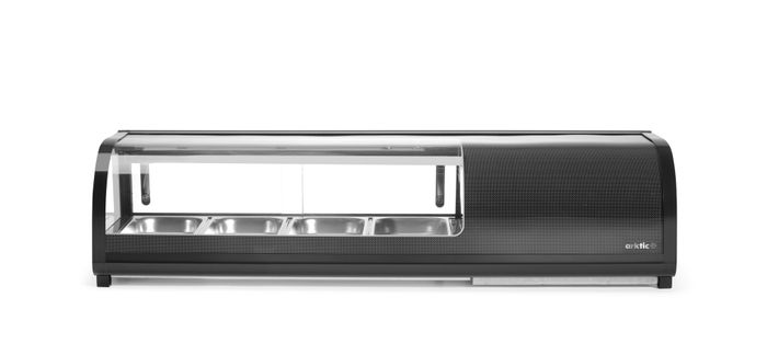 Sushi display, Arktic, Containers inbegrepen: 4x GN 1/3 (H) 40 mm., Zwart, 230V/190W, 426x1177x(H)296mm — 274071