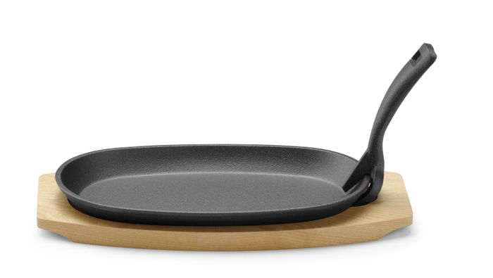 Gietijzeren schaal met houten onderlegger en greep, HENDI, Zwart, 280x143x(H)33mm, Ovaal — 629383