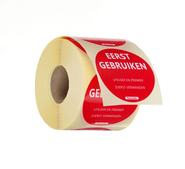Voedselveiligheidsstickers, multifunctioneel, eenvoudig verwijderbaar, “EERST GEBRUIKEN”, HENDI, Rood, 500 st., ⌀50mm — 850565