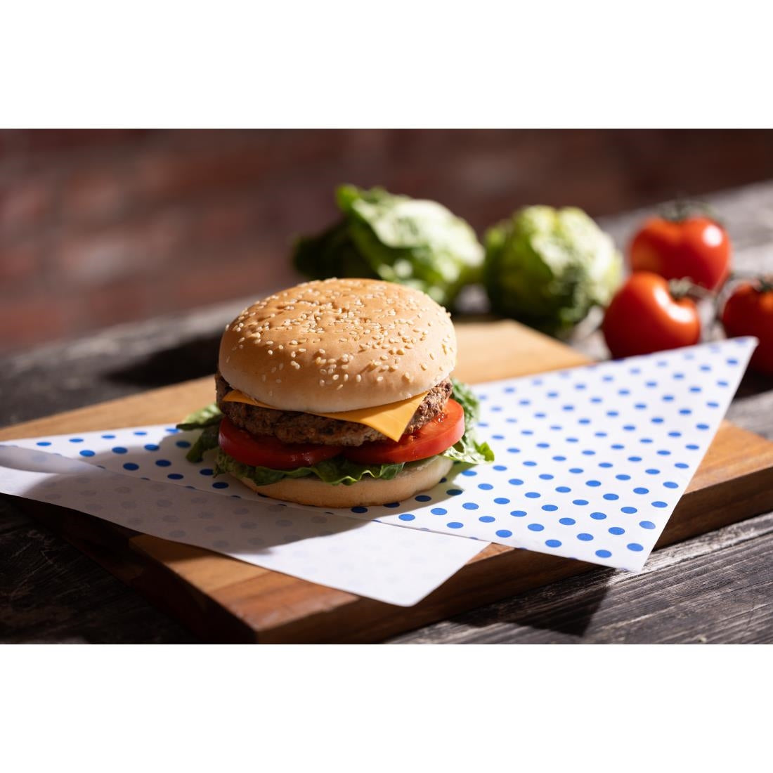 Papier d'emballage burger Fiesta Compostable points bleus 250x350 (lot de 200) — HY792