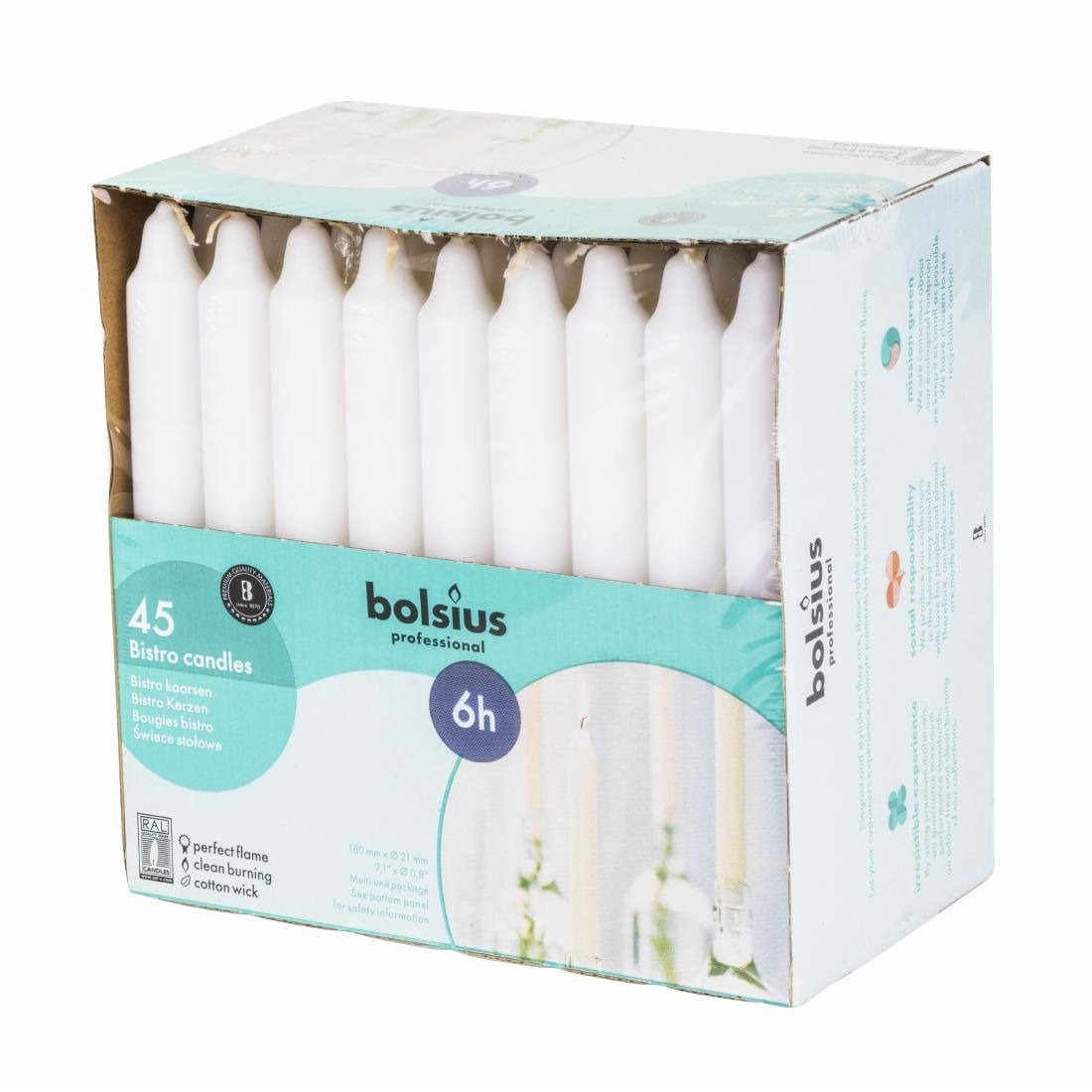 Bougies bistro Bolsius 177mm blanches (lot de 45) — P963