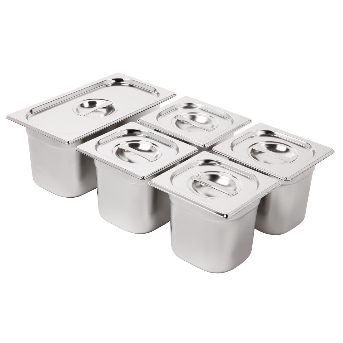 Ensemble de bacs GN 1/3 et 4 x 1/6 en inox avec couvercles Vogue — SA246