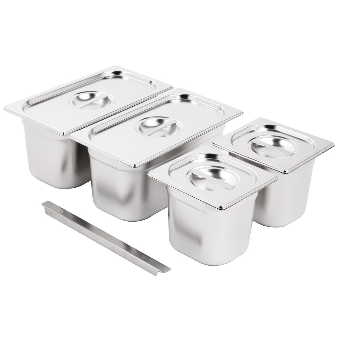 Ensemble de bacs GN 2x 1/3 et 2 x 1/6 en inox avec couvercles Vogue — SA249