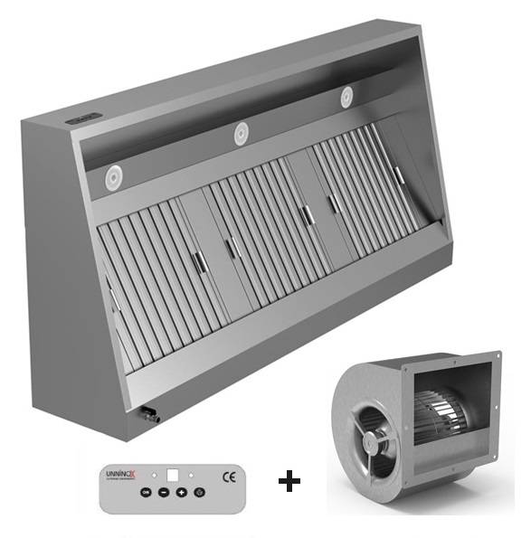 Hotte professionnelle Unninox 2000 x 950 mm avec moteur intégré 2000 m³/h et 5 filtres labyrinthes